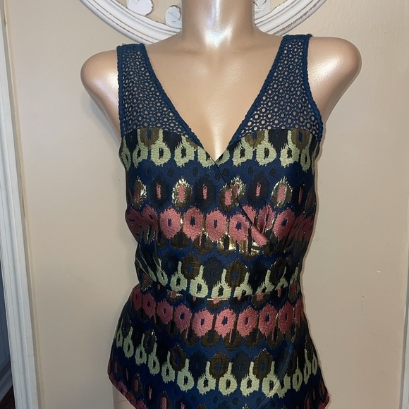 Anthropologie HD Paris womens blouse 12 large Yana Jacquard Peplum Blue Metallic - Picture 3 of 13